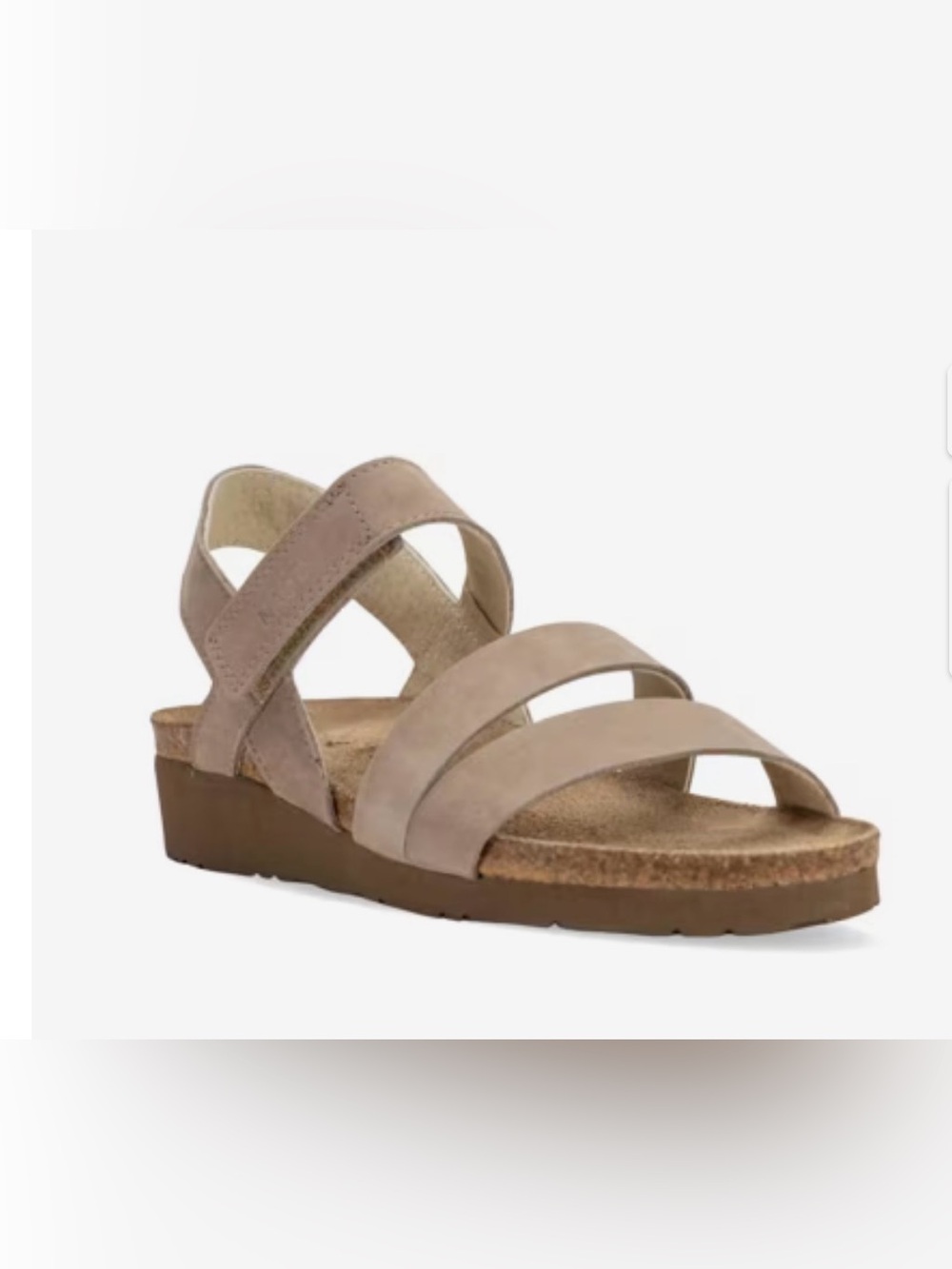 Naot Womens Kayla Sandal Sz 37 L6 Taupe Nubuck Strappy Low Wedge Cork Insole EUC